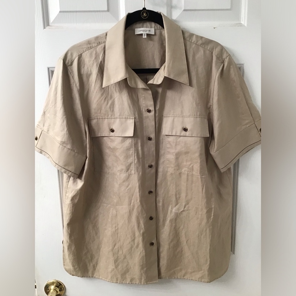 LAFAYETTE 148 NEW YORK SZ L BUTTON DOWN TOP COTTON SILK EUC SAFARI LOOK